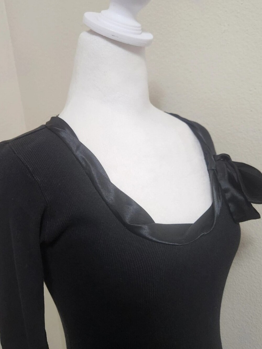Whimsigoth Ribbed Thermal Top L Black Satin Bow Stretch Dark Fairy Goth Comfort - Picture 9 of 16